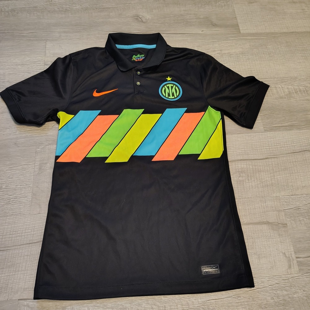 Nike Inter Milan Dri-FIT Polo Shirt Mens Small Black Multi Color Stripes Soccer
